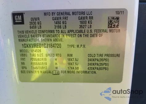 2012 GMC Acadia Slt-1 from USA, damaged, VIN 1GKKVRED1CJ184720